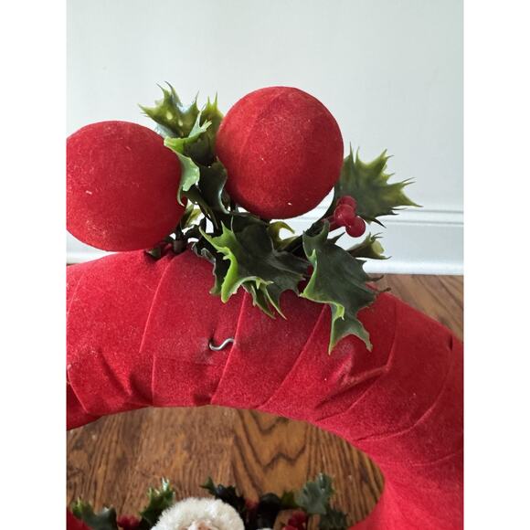 Vintage Christmas Centerpiece Santa Kitschy Red Velvet Holly Handmade Wreath MCM - Picture 11 of 13